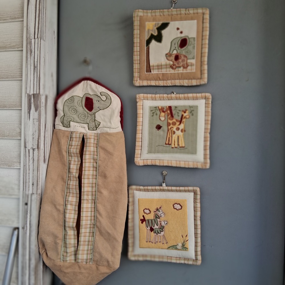 Kids Line Safari Animal Nursery Decor Set Diaper Stacker and 3 Wall Hangings